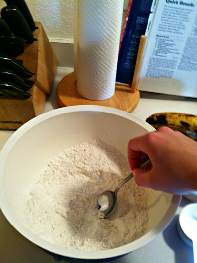 The dry ingredients being mixed together for banana bread.